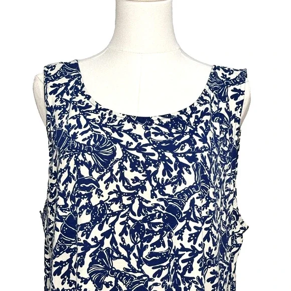 Lilly Pulitzer Blue White Pima Cotton Lobster Print Flounce Dress XXL Pockets - Picture 2 of 8